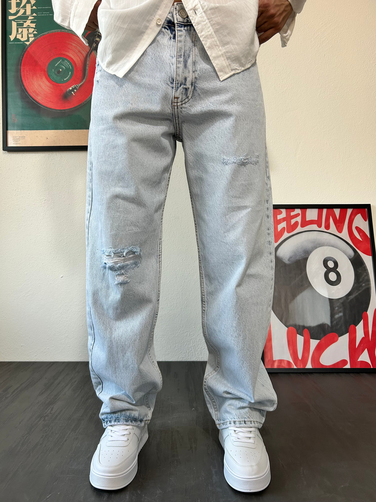 Buz Mavi Yırtık Detay Baggy Fit Jean