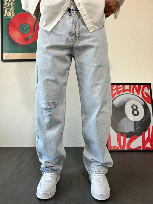 Buz Mavi Yırtık Detay Baggy Fit Jean