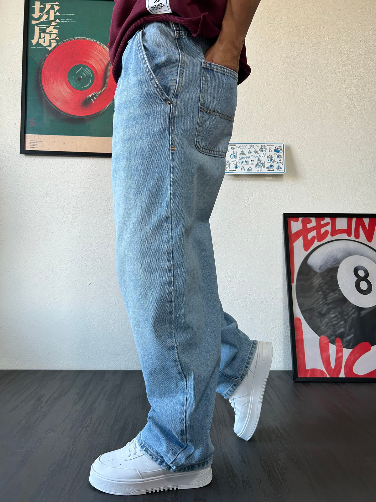 Yıkamalı Skater Mavi Baggy Jean