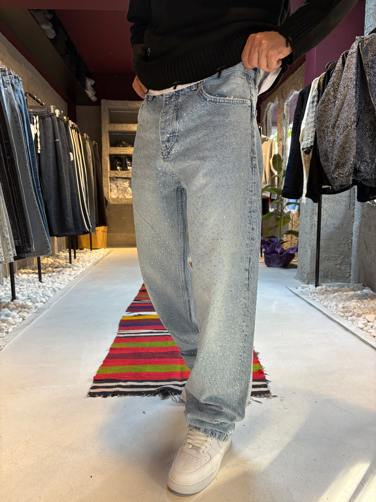 Taş İşlemeli Buz Mavi Baggy Jean