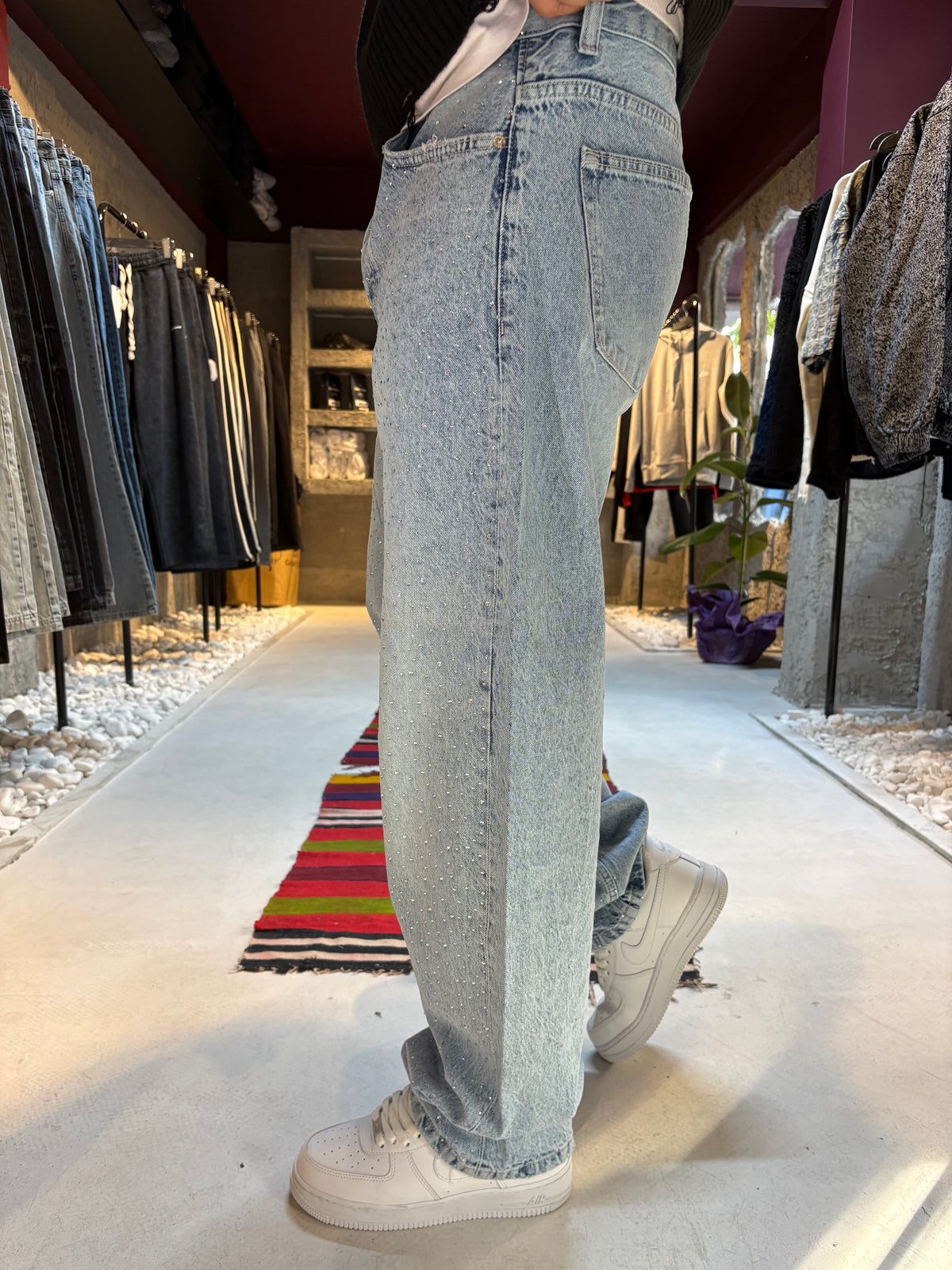 Taş İşlemeli Buz Mavi Baggy Jean