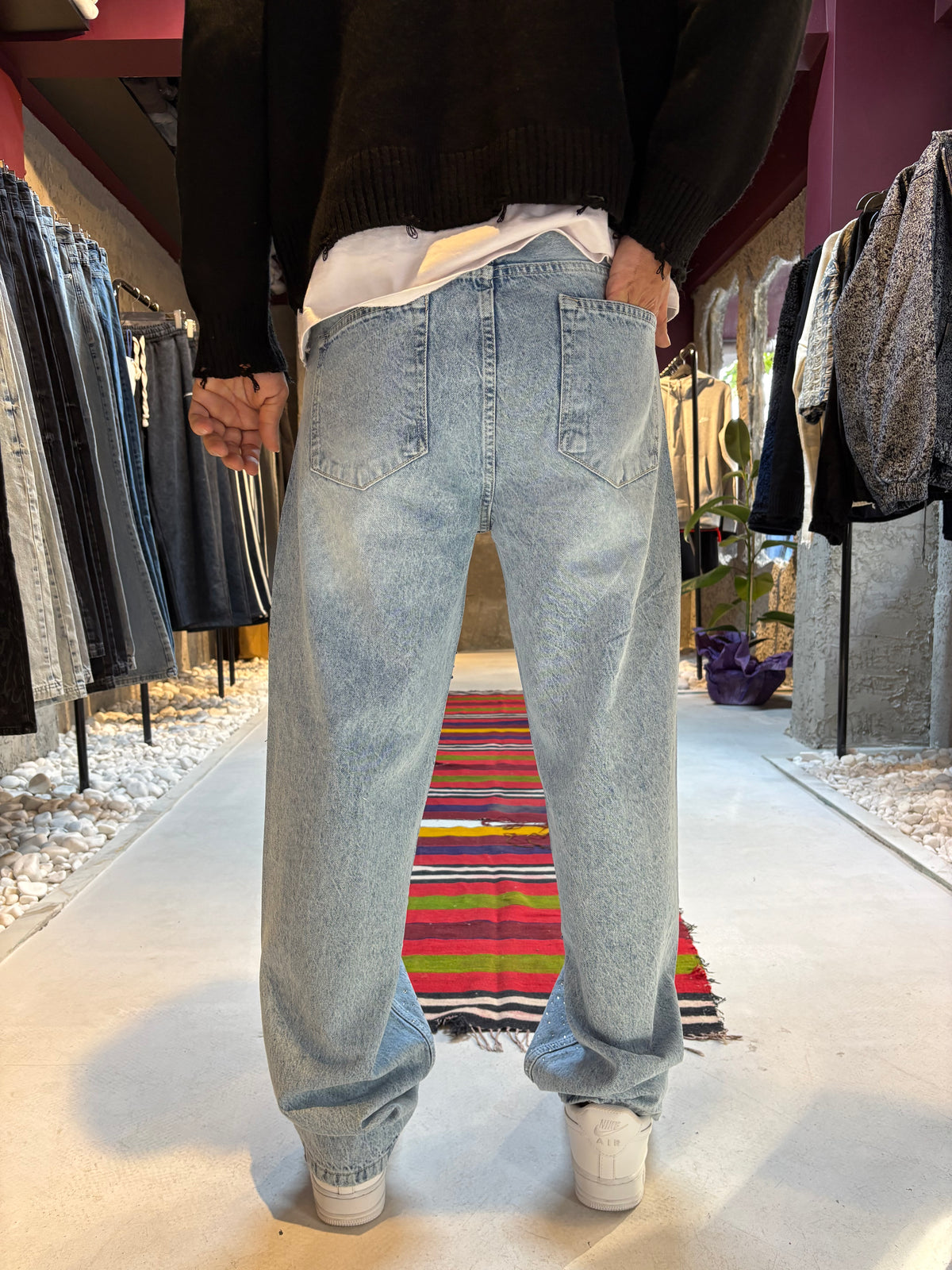 Taş İşlemeli Buz Mavi Baggy Jean
