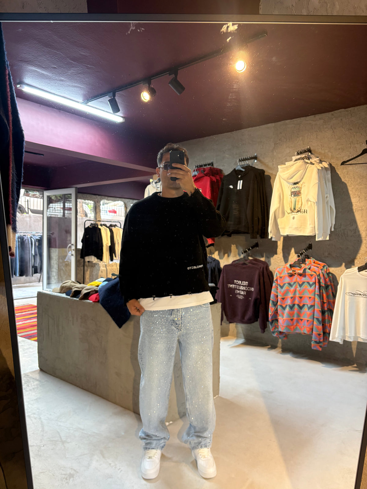 Taş İşlemeli Buz Mavi Baggy Jean
