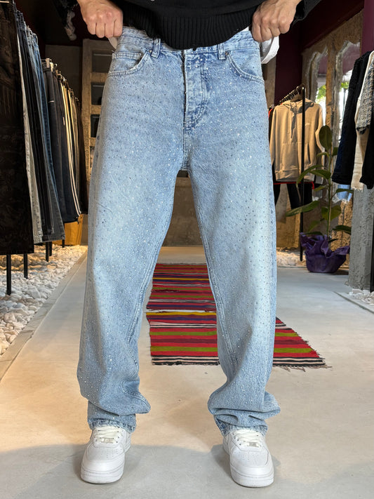 Taş İşlemeli Buz Mavi Baggy Jean