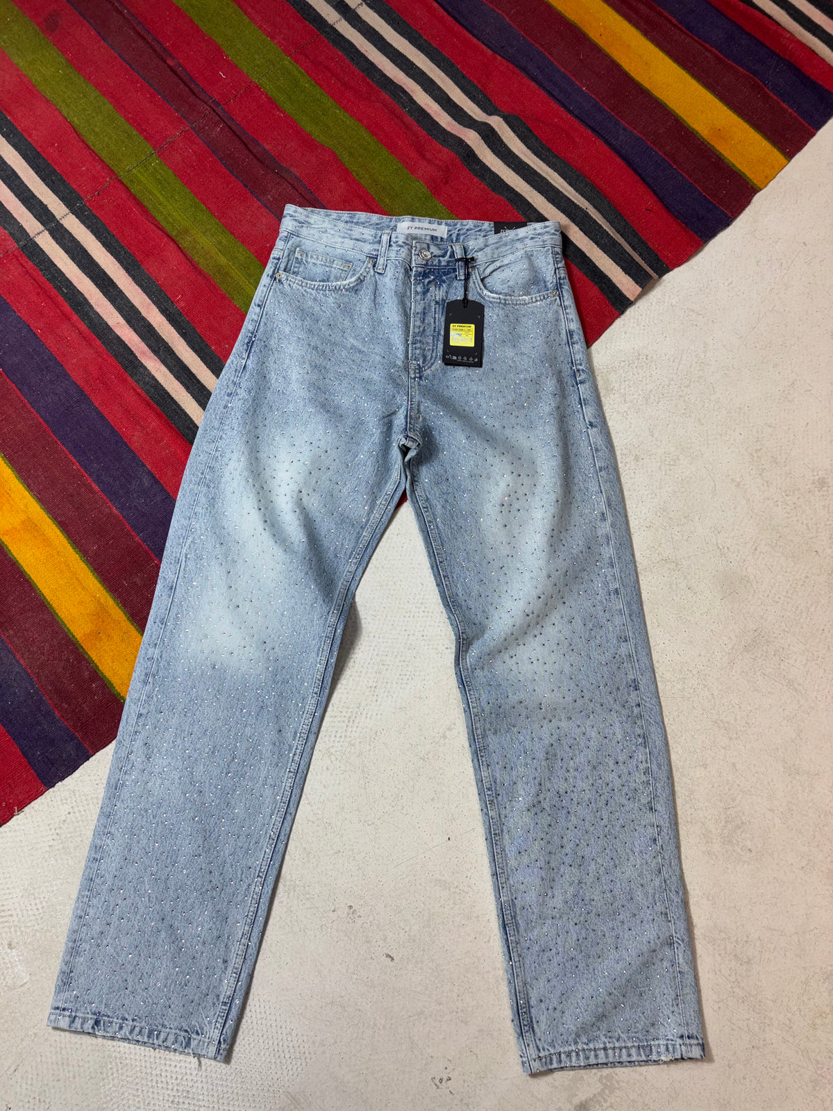 Taş İşlemeli Buz Mavi Baggy Jean