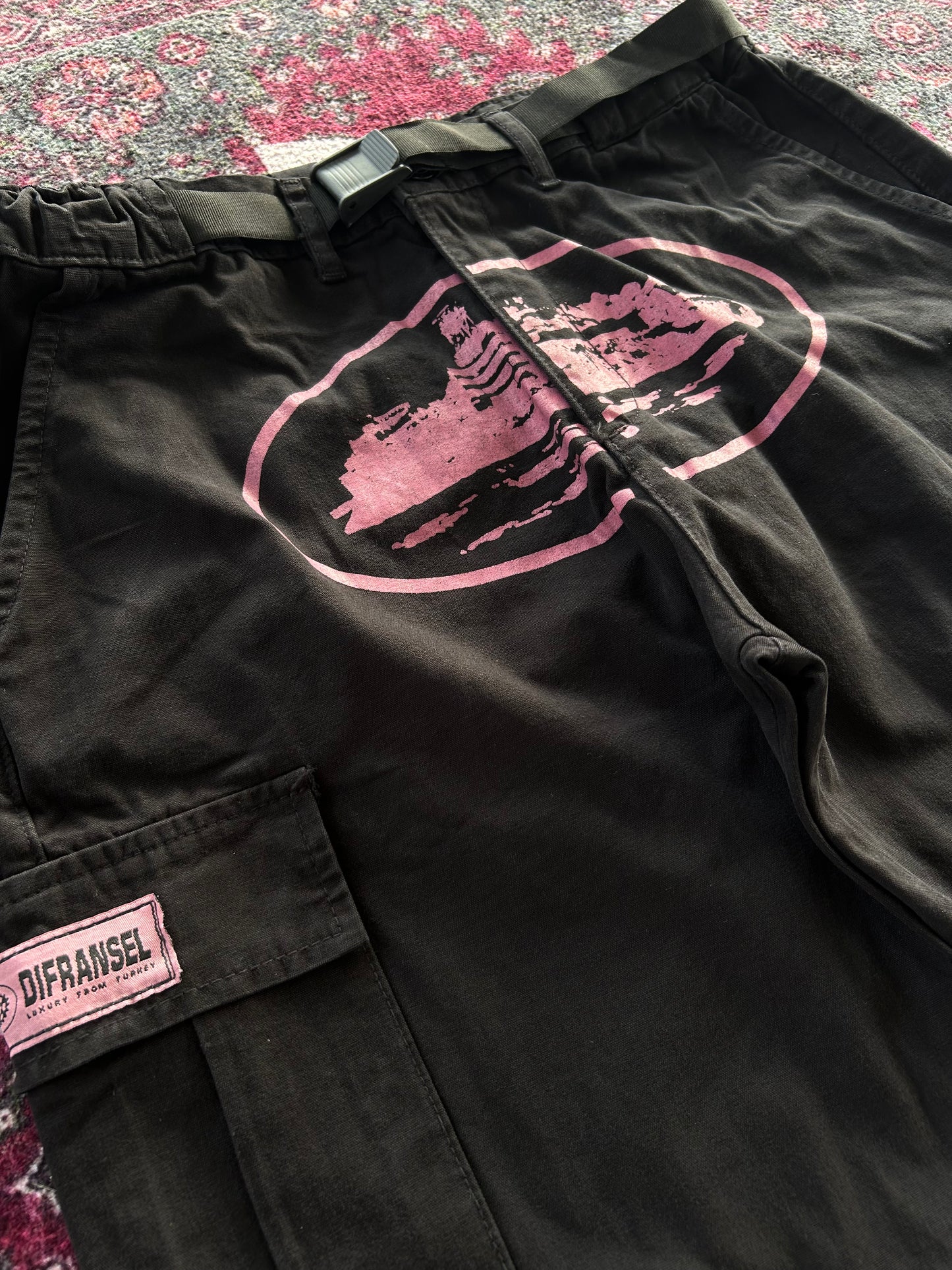 Crtz Beli Kermerli Kargo Pantolon Siyah-Pembe