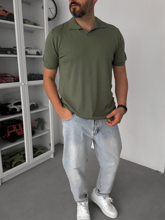 Basic Polo Yaka Triko T-Shirt Haki