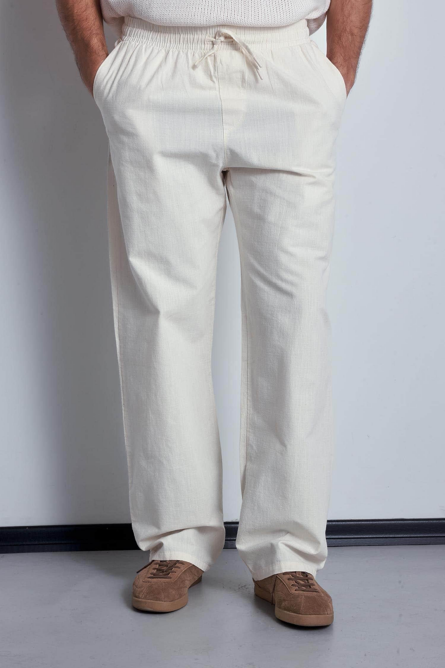 Erkek Keten Görünümlü Beli Lastikli Baggy Pantolon Bej