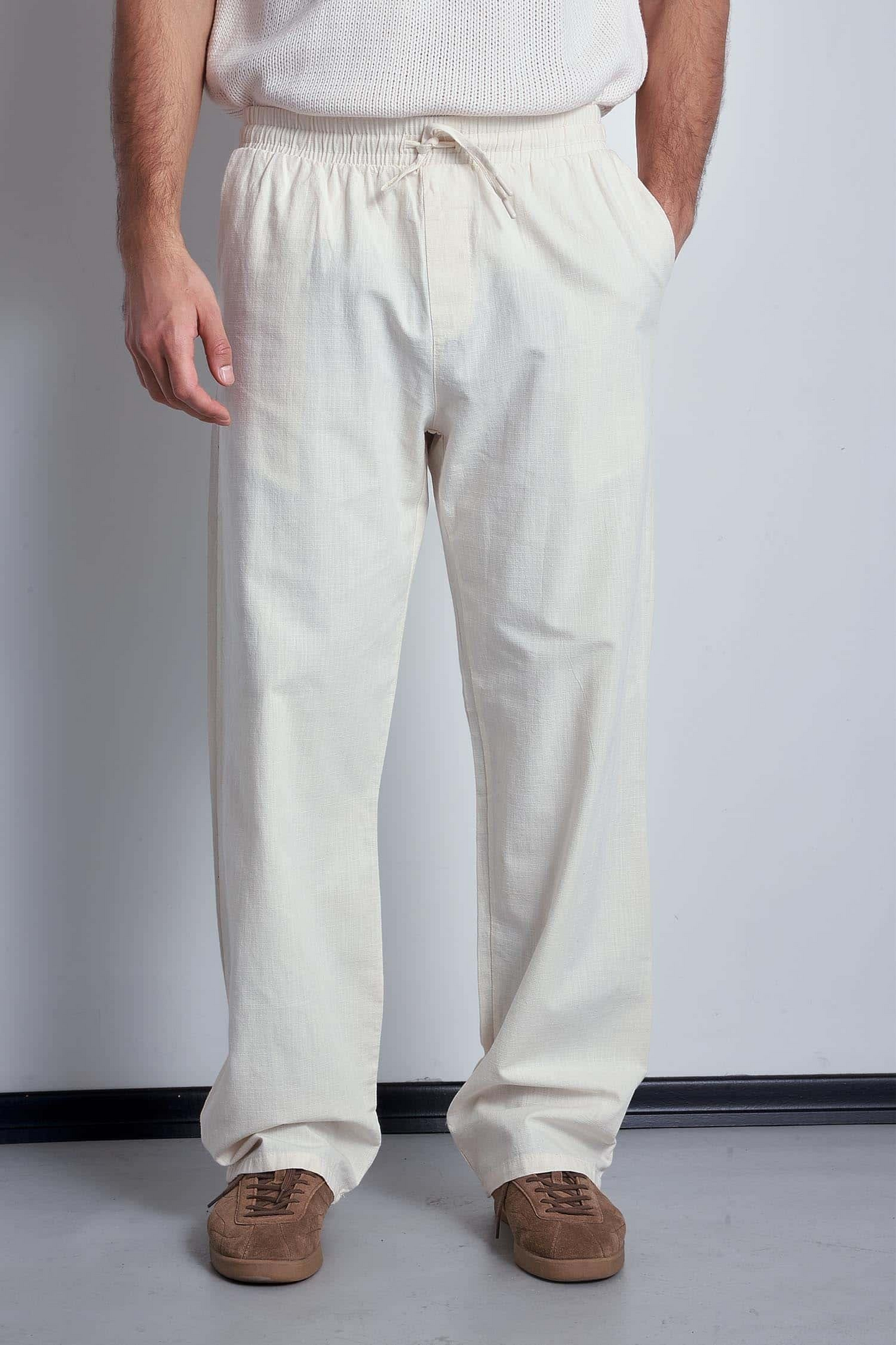Erkek Keten Görünümlü Beli Lastikli Baggy Pantolon Bej