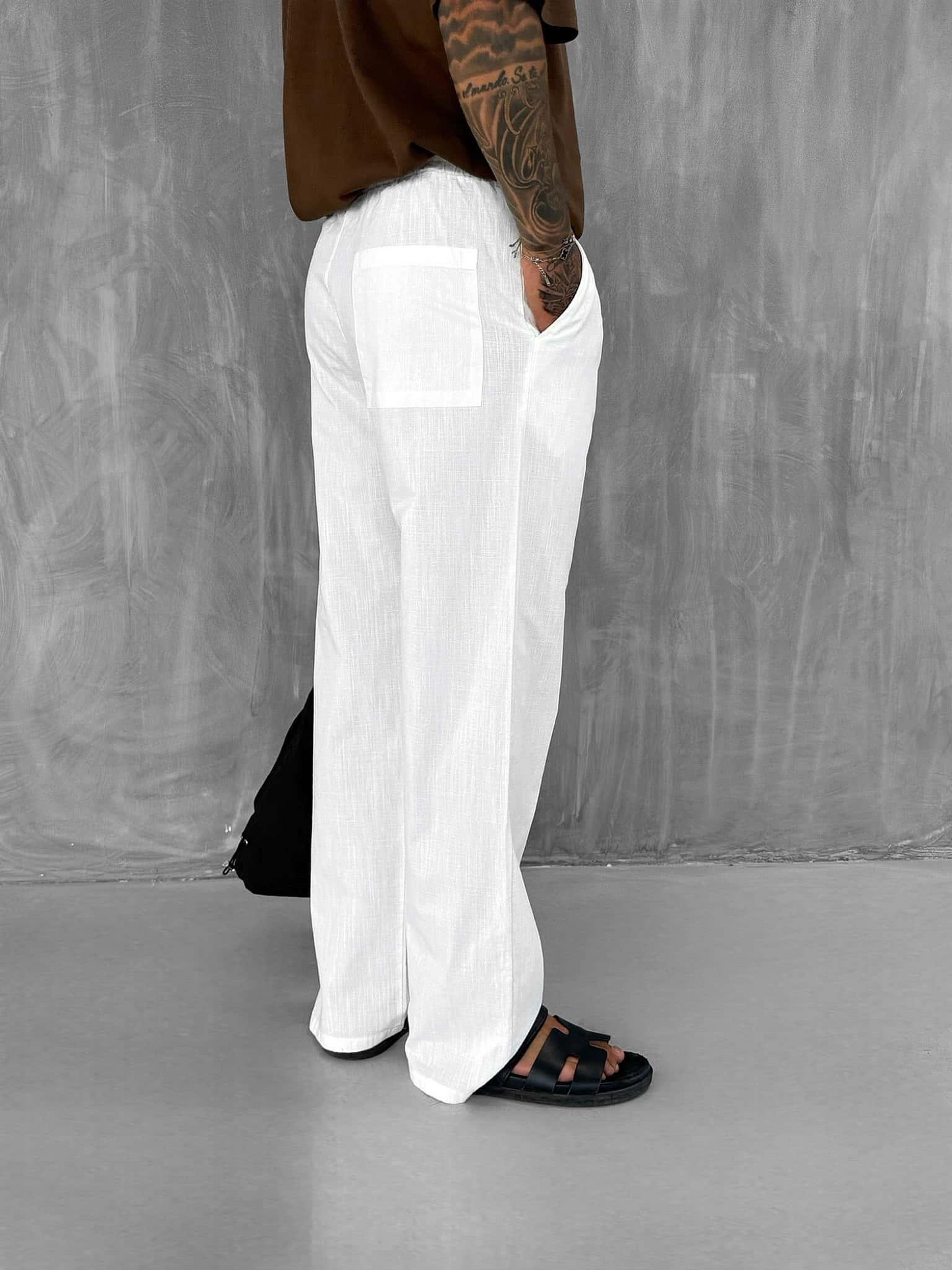 Erkek Keten Görünümlü Beli Lastikli Baggy Pantolon Beyaz