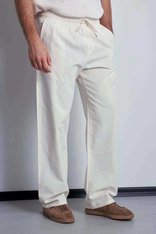 Erkek Keten Görünümlü Beli Lastikli Baggy Pantolon Bej
