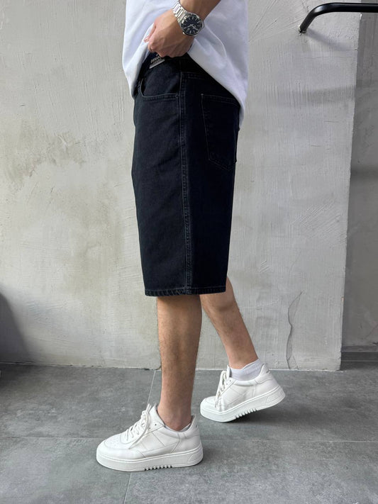 Vintage Siyah Taşlamalı Baggy Jean Erkek Şort