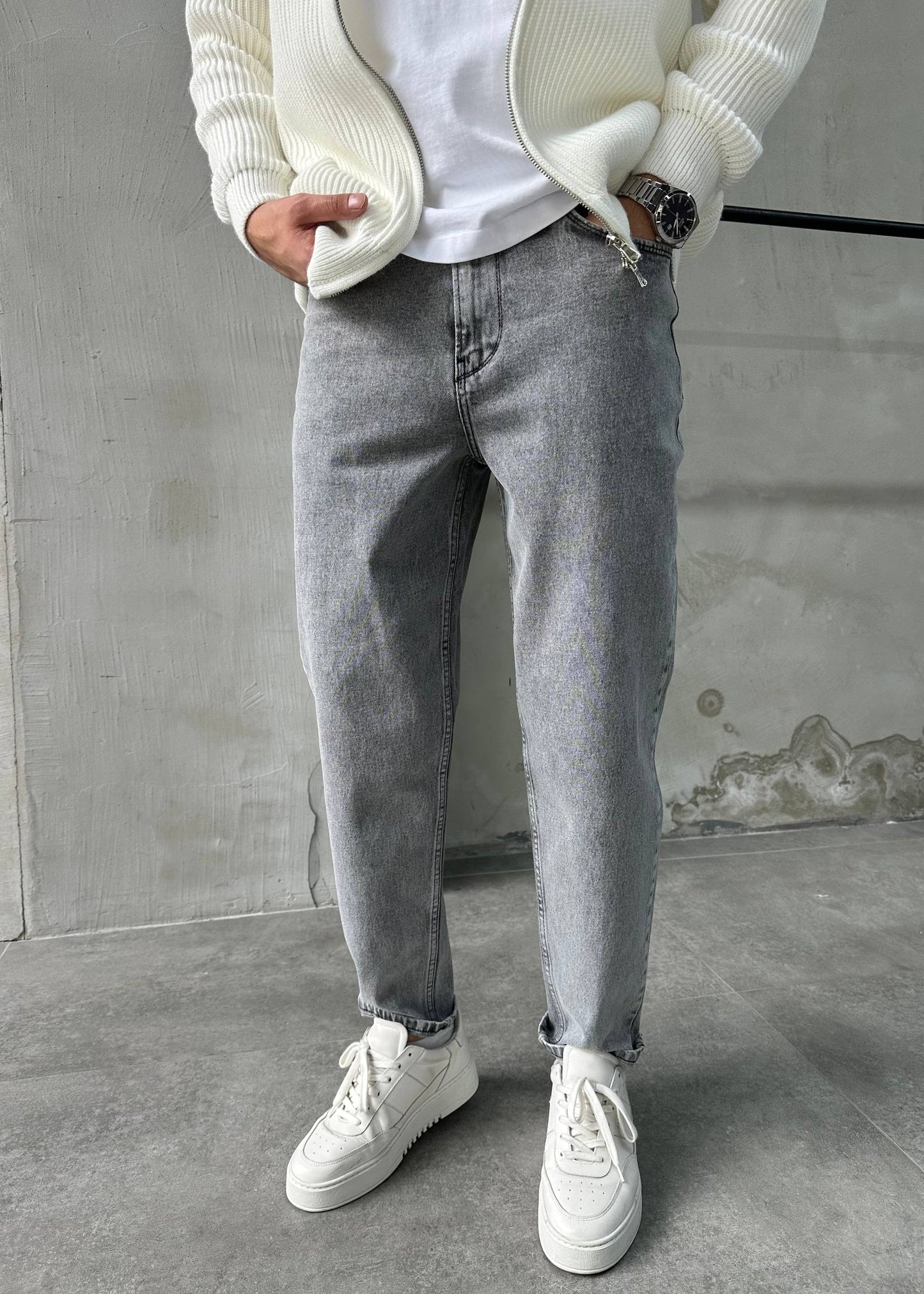 Erkek Açık Gri Boyfriend Kot Pantolon